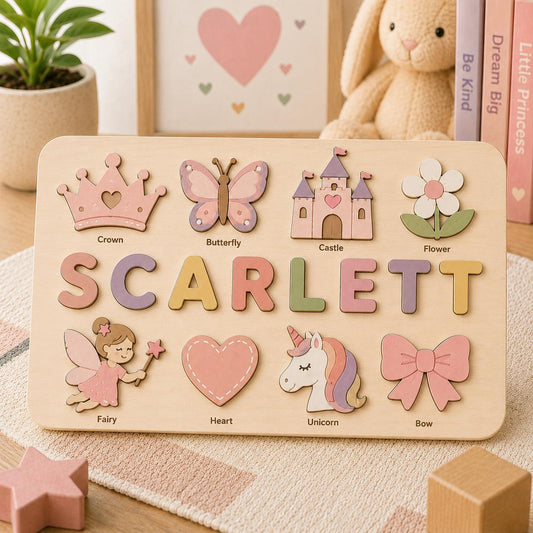 Personalized Princess Name Puzzle, Fairy Tale Wooden Puzzle Girls, Montessori Name Board, Unicorn Learning Toy, Toddler Educational Puzzle
