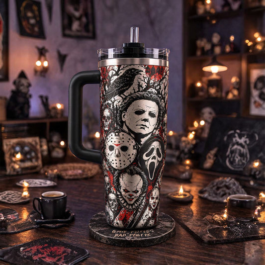 Horror Movie 40oz Tumbler – Scary Icons Insulated Travel Mug with Handle & Straw, Halloween Gift for Horror Fans