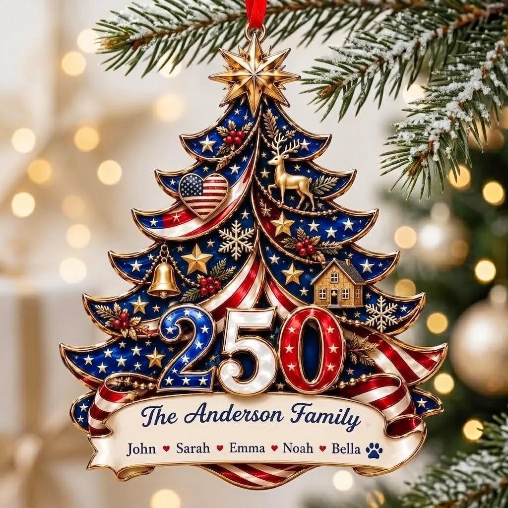 Personalized America 250th Anniversary Ornament 1776-2026, Custom Family Name USA Flag Acrylic Christmas Tree Decor, Patriotic Keepsake Gift