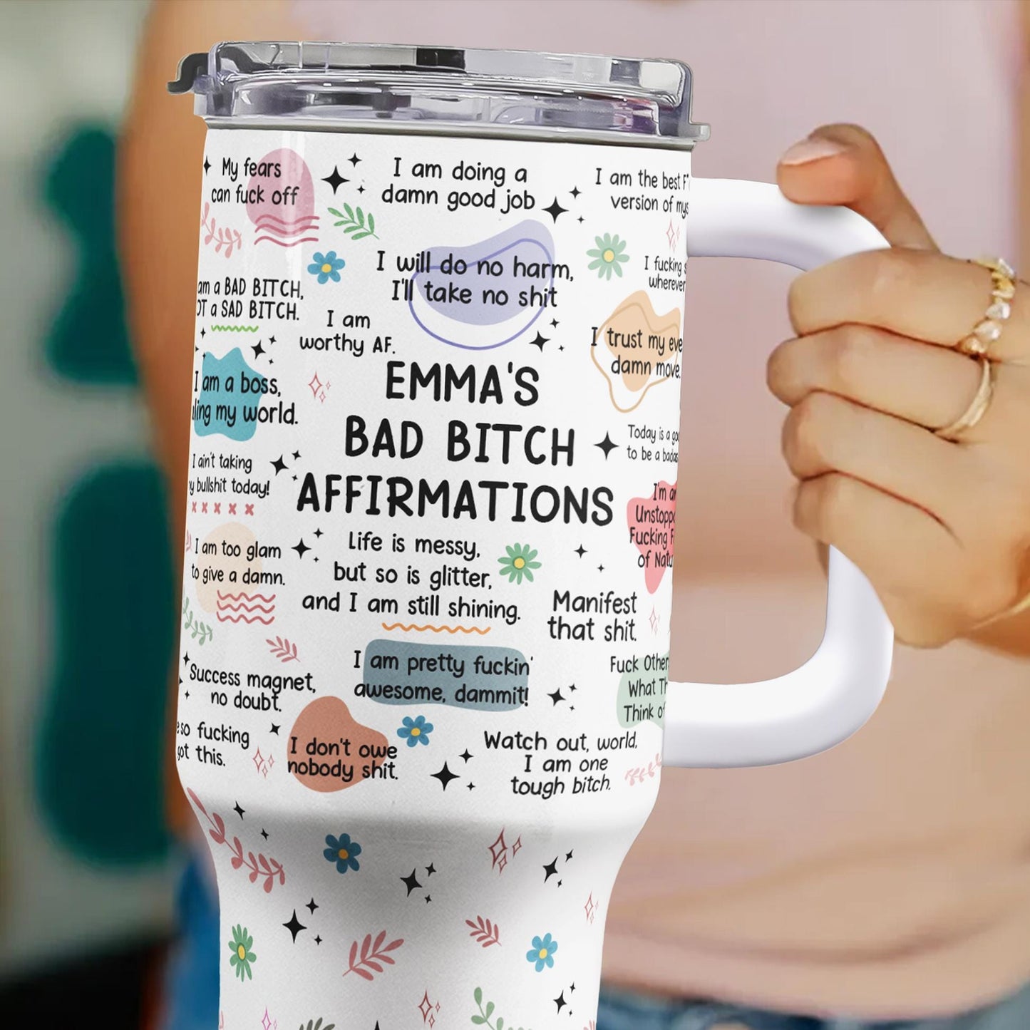 40oz Personalized Badass Affirmation Tumbler: Stainless Steel Travel Mug