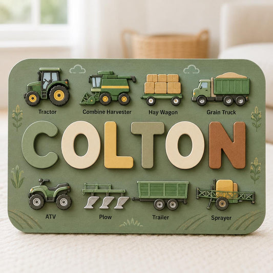 Personalized Farm Name Puzzle, Wooden Farm Vehicle Puzzle for Kids, Tractor Nursery Decor, Farm Birthday Gift, Country Boy Gift