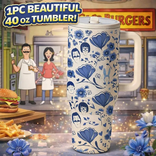 1pc 40oz Stainless Steel Insulated Tumbler with Handle, Insulated Travel Drinkware, Blue Floral Print Travel Mug with Lid, Large Capacity Cup for Water, Coffee, Tea and Iced Drinks, Reusable Portable Car Cup for Home