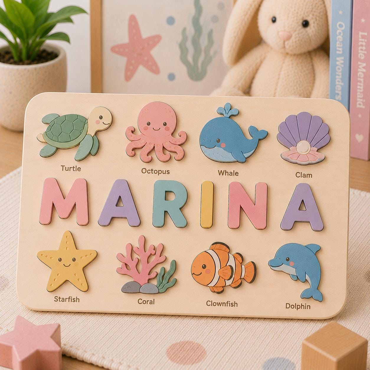 Personalized Ocean Name Puzzle, Sea Animal Wooden Puzzle for Kids, Custom Montessori Name Board, Under the Sea Toddler Toy
