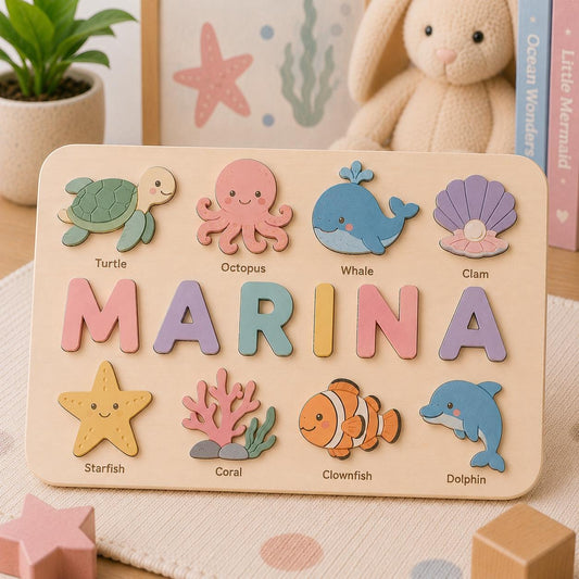 Personalized Ocean Name Puzzle, Sea Animal Wooden Puzzle for Kids, Custom Montessori Name Board, Under the Sea Toddler Toy