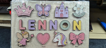 Personalized Princess Name Puzzle, Fairy Tale Wooden Puzzle Girls, Montessori Name Board, Unicorn Learning Toy, Toddler Educational Puzzle