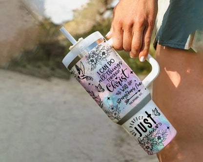 Christian Bible Verse 40oz Tumbler with Handle and Straw - Jesus Faith Floral Butterfly Cup - Inspirational Religious Gift for Women