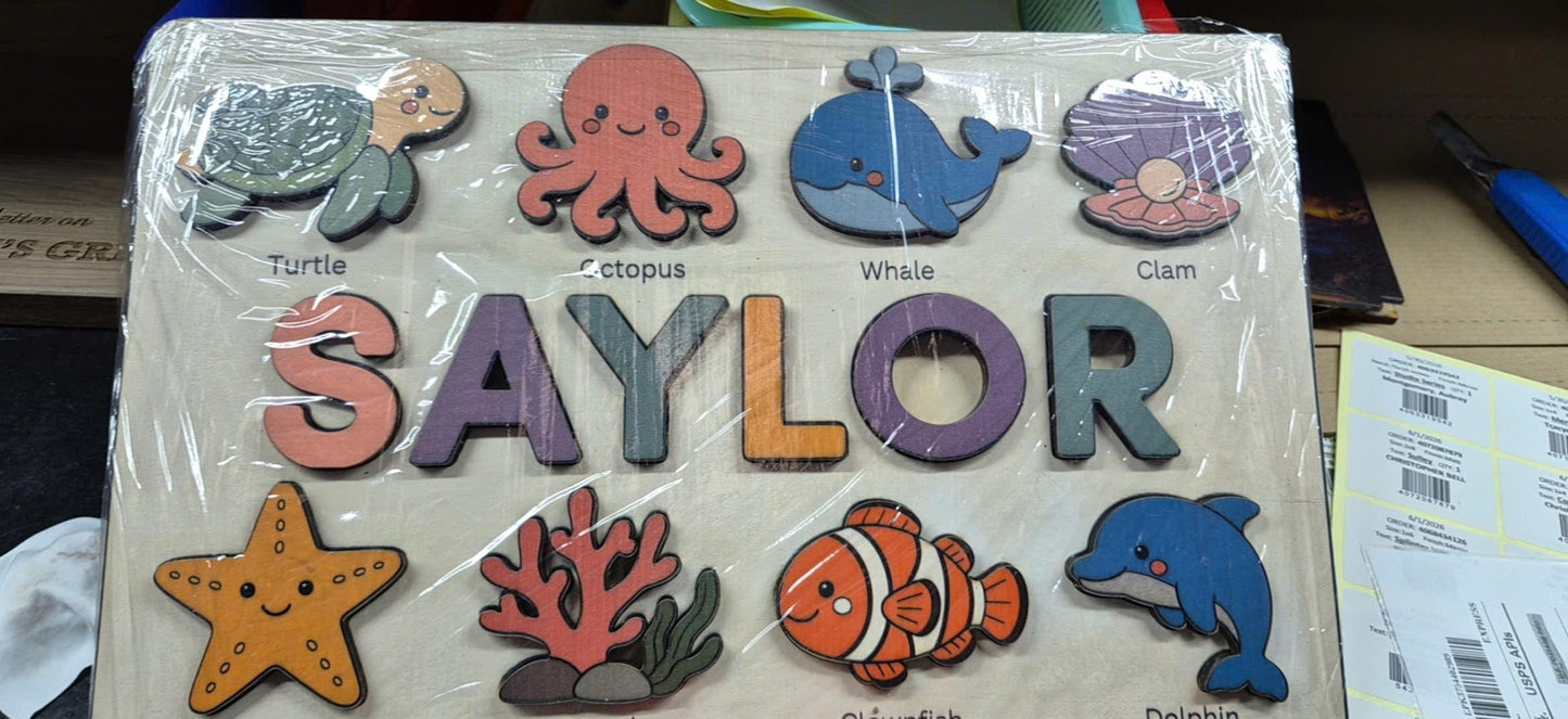 Personalized Ocean Name Puzzle, Sea Animal Wooden Puzzle for Kids, Custom Montessori Name Board, Under the Sea Toddler Toy
