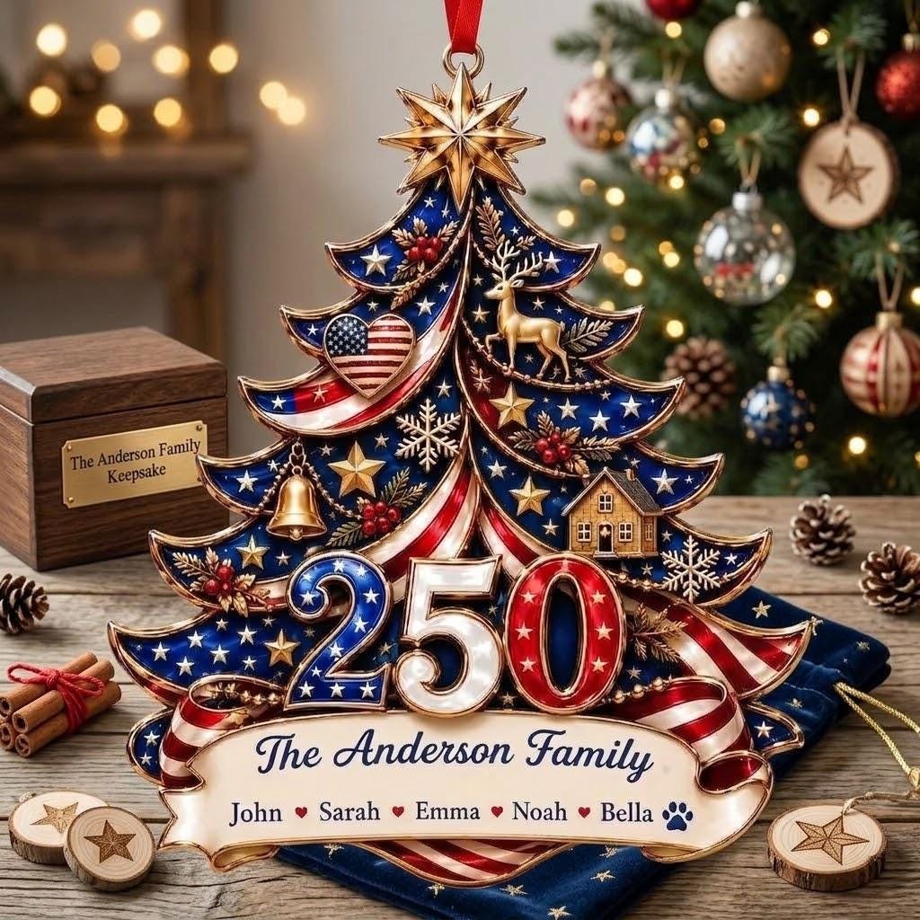Personalized America 250th Anniversary Ornament 1776-2026, Custom Family Name USA Flag Acrylic Christmas Tree Decor, Patriotic Keepsake Gift