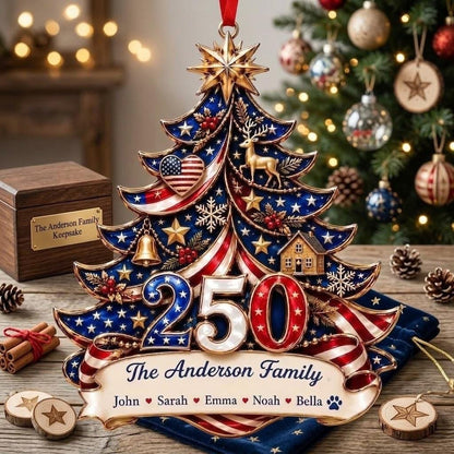 Personalized America 250th Anniversary Ornament 1776-2026, Custom Family Name USA Flag Acrylic Christmas Tree Decor, Patriotic Keepsake Gift