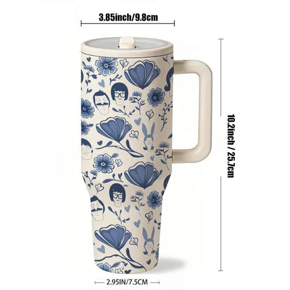 1pc 40oz Stainless Steel Insulated Tumbler with Handle, Insulated Travel Drinkware, Blue Floral Print Travel Mug with Lid, Large Capacity Cup for Water, Coffee, Tea and Iced Drinks, Reusable Portable Car Cup for Home
