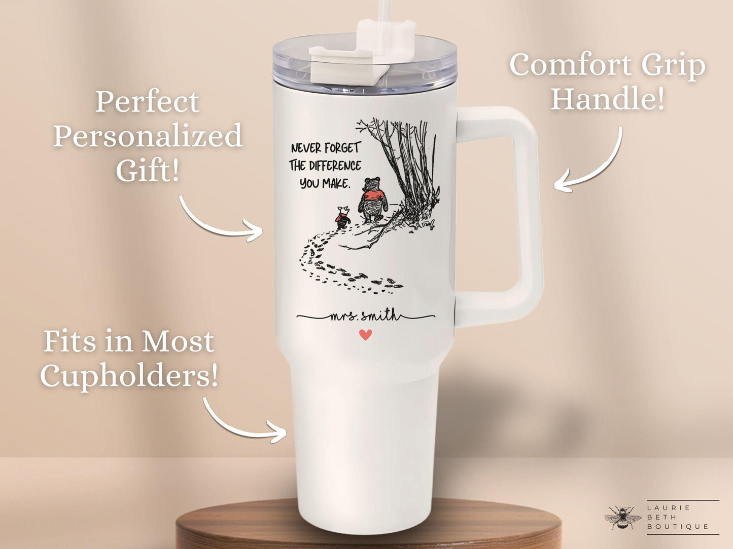 Teacher 40oz Tumbler, Never Forget the Difference You Make Tumbler with Handle Teacher Appreciation Gift Thank You Teacher Travel Mug Cup