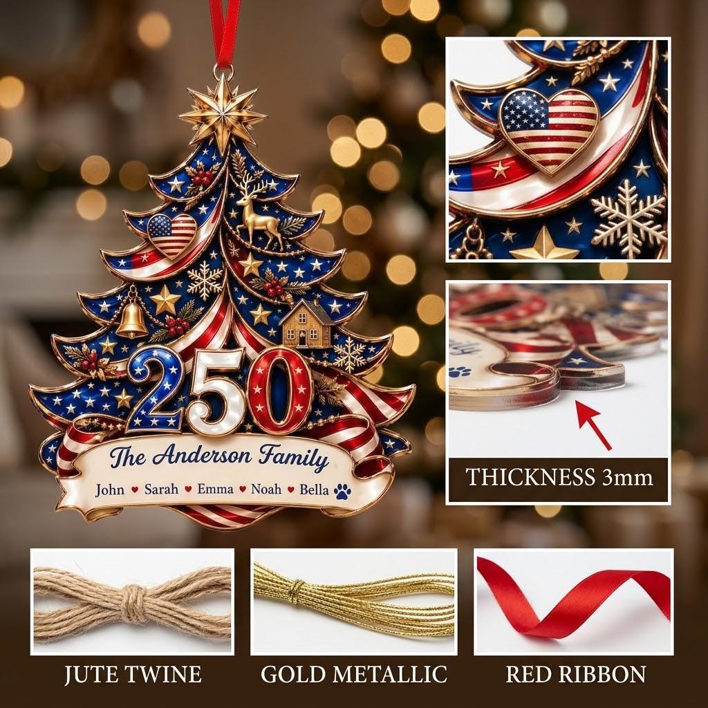 Personalized America 250th Anniversary Ornament 1776-2026, Custom Family Name USA Flag Acrylic Christmas Tree Decor, Patriotic Keepsake Gift