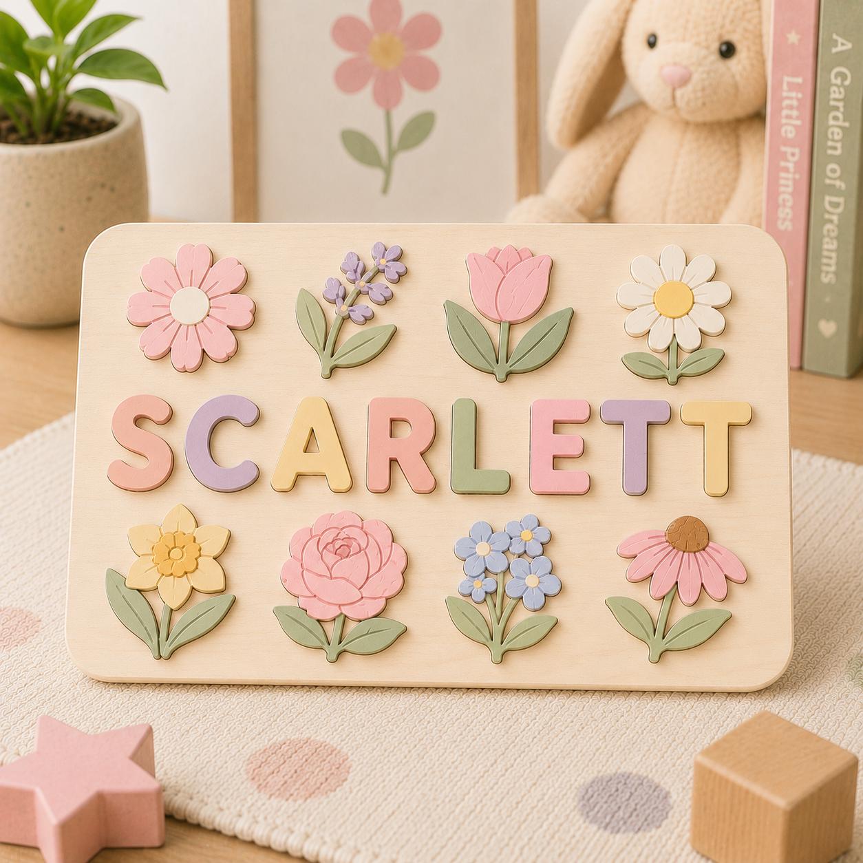 Personalized Flower Name Puzzle, Floral Wooden Name Puzzle for Girls, Custom Montessori Name Board, Botanical Toddler Puzzle