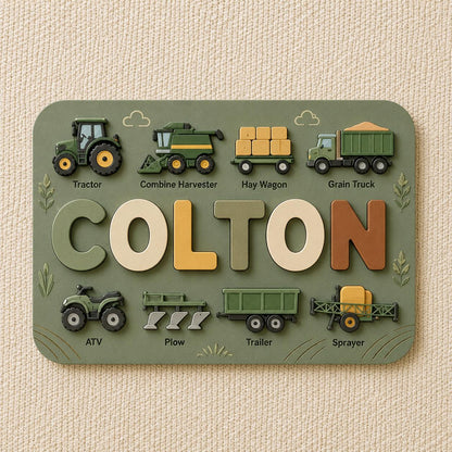 Personalized Farm Name Puzzle, Wooden Farm Vehicle Puzzle for Kids, Tractor Nursery Decor, Farm Birthday Gift, Country Boy Gift