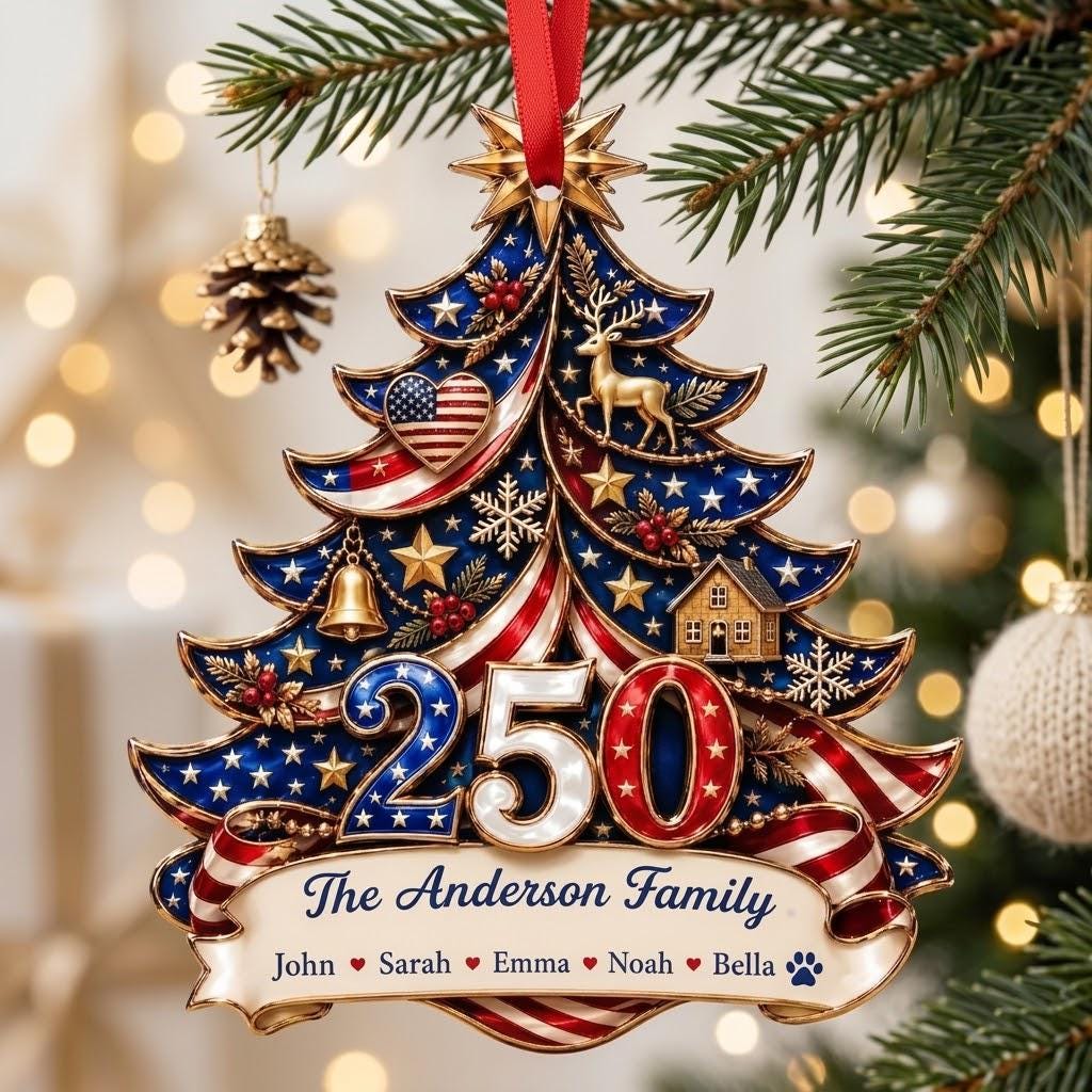 Personalized America 250th Anniversary Ornament 1776-2026, Custom Family Name USA Flag Acrylic Christmas Tree Decor, Patriotic Keepsake Gift