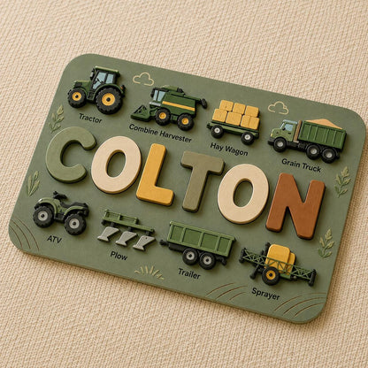 Personalized Farm Name Puzzle, Wooden Farm Vehicle Puzzle for Kids, Tractor Nursery Decor, Farm Birthday Gift, Country Boy Gift