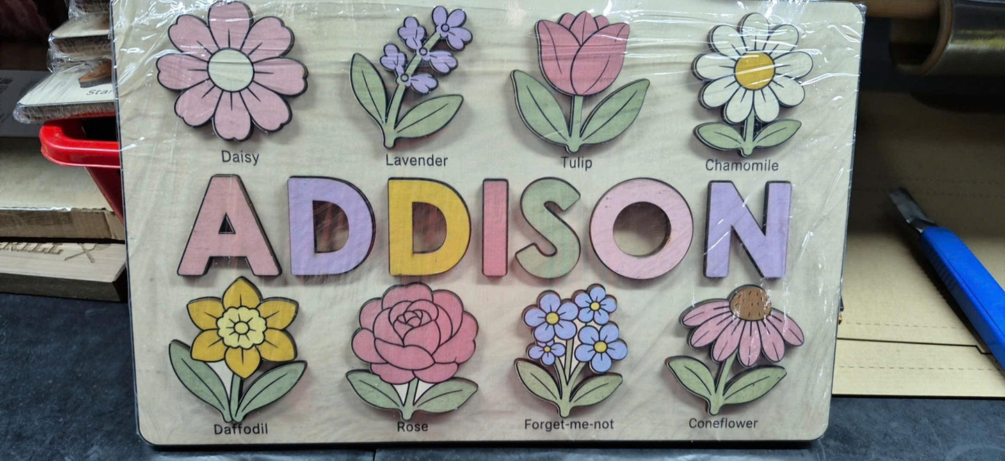 Personalized Flower Name Puzzle, Floral Wooden Name Puzzle for Girls, Custom Montessori Name Board, Botanical Toddler Puzzle