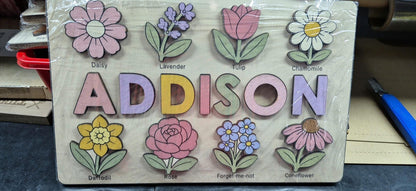 Personalized Flower Name Puzzle, Floral Wooden Name Puzzle for Girls, Custom Montessori Name Board, Botanical Toddler Puzzle