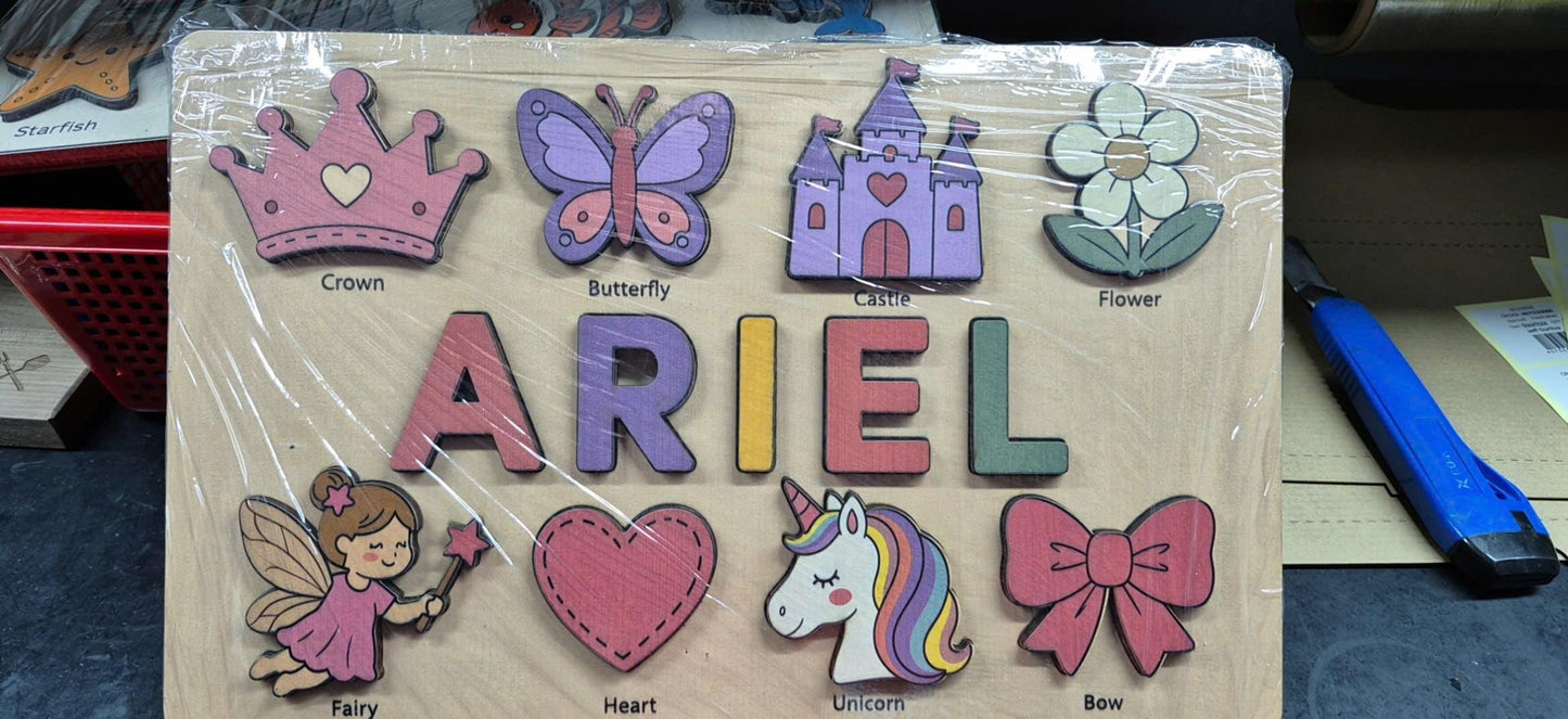 Personalized Princess Name Puzzle, Fairy Tale Wooden Puzzle Girls, Montessori Name Board, Unicorn Learning Toy, Toddler Educational Puzzle
