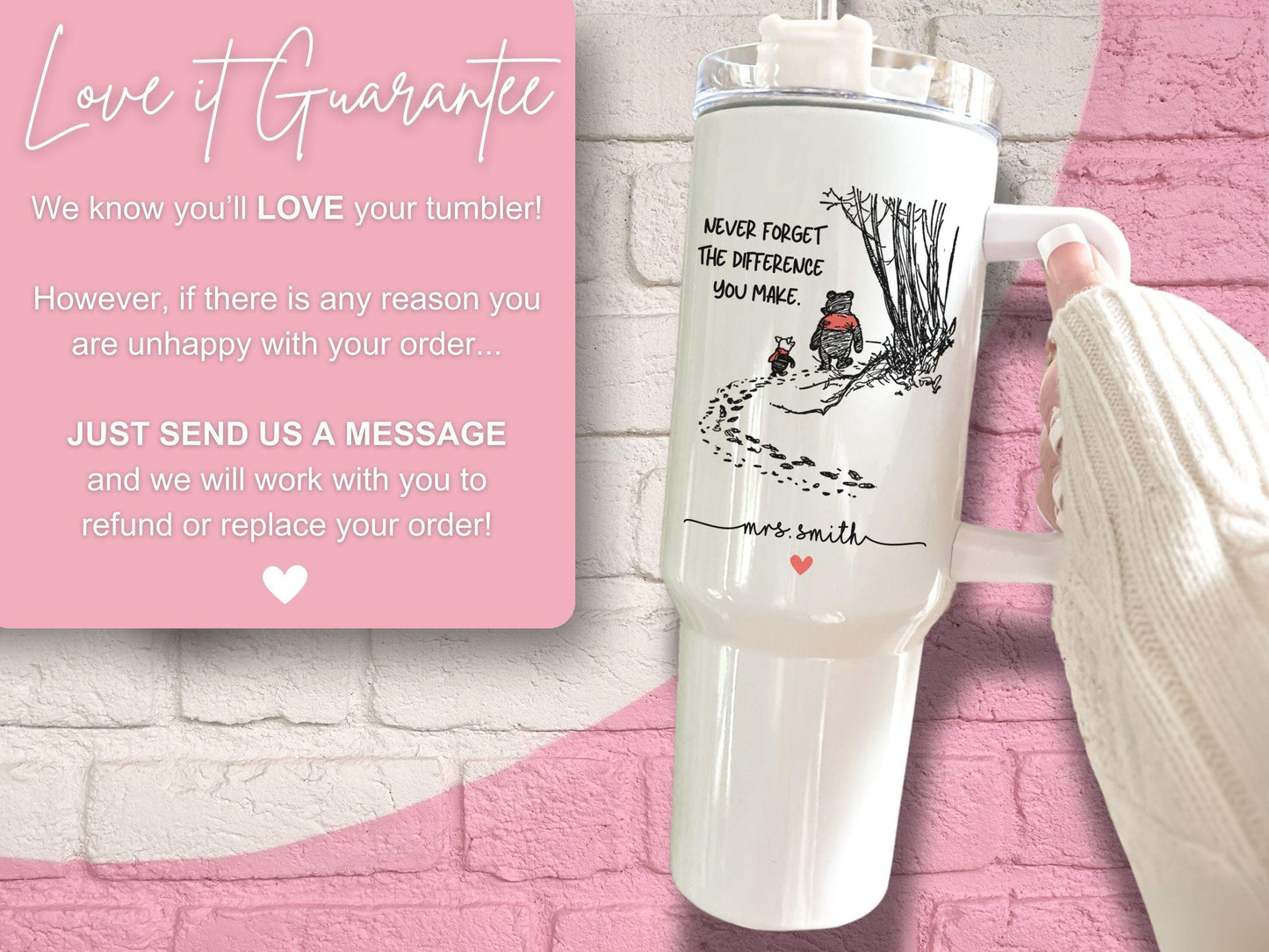 Teacher 40oz Tumbler, Never Forget the Difference You Make Tumbler with Handle Teacher Appreciation Gift Thank You Teacher Travel Mug Cup