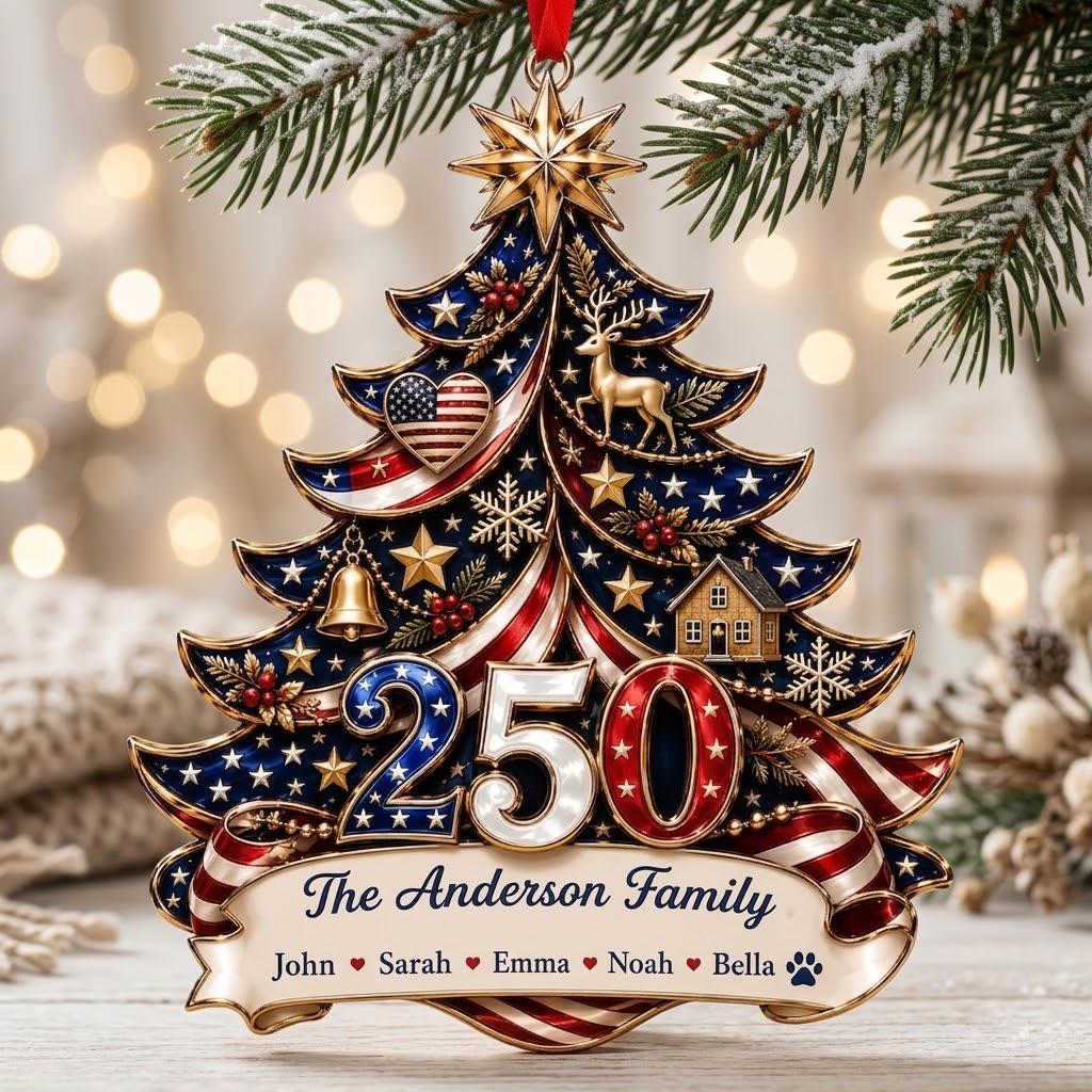 Personalized America 250th Anniversary Ornament 1776-2026, Custom Family Name USA Flag Acrylic Christmas Tree Decor, Patriotic Keepsake Gift