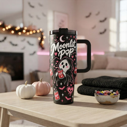 40oz Spooky Cute Ghost Tumbler with Handle and Straw Halloween Soda Lover Insulated Travel Mug Stainless Steel Cup Gift