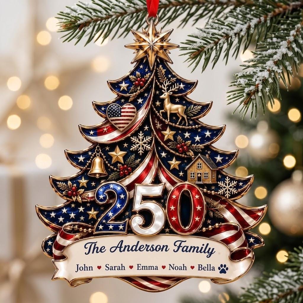 Personalized America 250th Anniversary Ornament 1776-2026, Custom Family Name USA Flag Acrylic Christmas Tree Decor, Patriotic Keepsake Gift