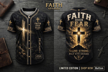 Faith Over Fear Christian Baseball Jersey Shirt, Men's Cross Graphic Button Up Jersey, Religious Faith Gift for Men