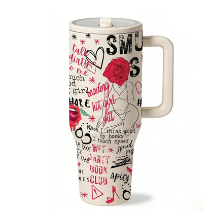 1 pc 40oz Insulated Mug with Handle and Straw Lid, Double-Wall Vacuum Leakproof Tumbler, Leak-Proof Large-Capacity Thermal Cup Keeps Drinks Hot 12 Hours and Cold 24 Hours, Smut Book Club Dark Rose Heart Print Gift for Women and Men, Insulated Travel Cup
