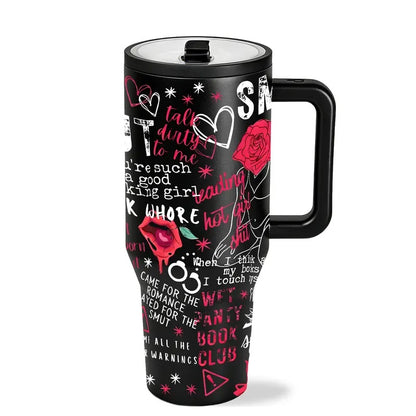 1 pc 40oz Insulated Mug with Handle and Straw Lid, Double-Wall Vacuum Leakproof Tumbler, Leak-Proof Large-Capacity Thermal Cup Keeps Drinks Hot 12 Hours and Cold 24 Hours, Smut Book Club Dark Rose Heart Print Gift for Women and Men, Insulated Travel Cup