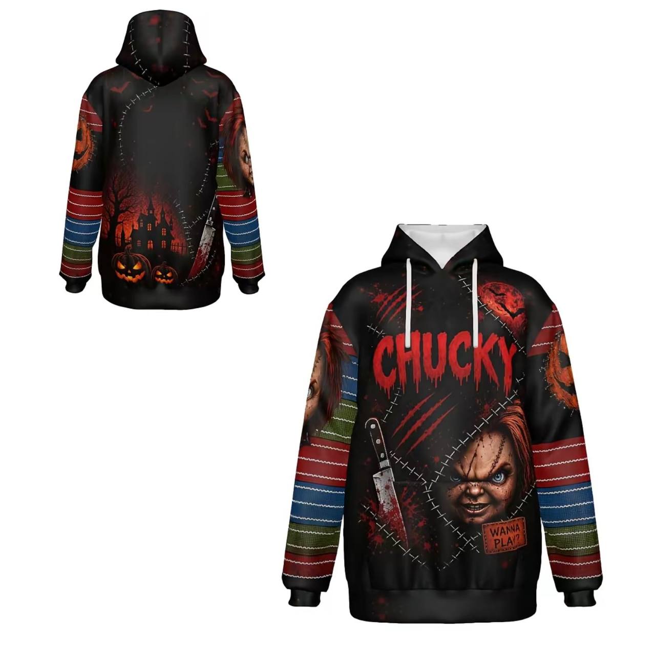 Halloween Horror Classic Villains Pullover Hoodie With Front Kangaroo Pocket, 3D Full Print Casual Sweatshirt, Spooky Movie Graphic Street Hoodie For Men & Women