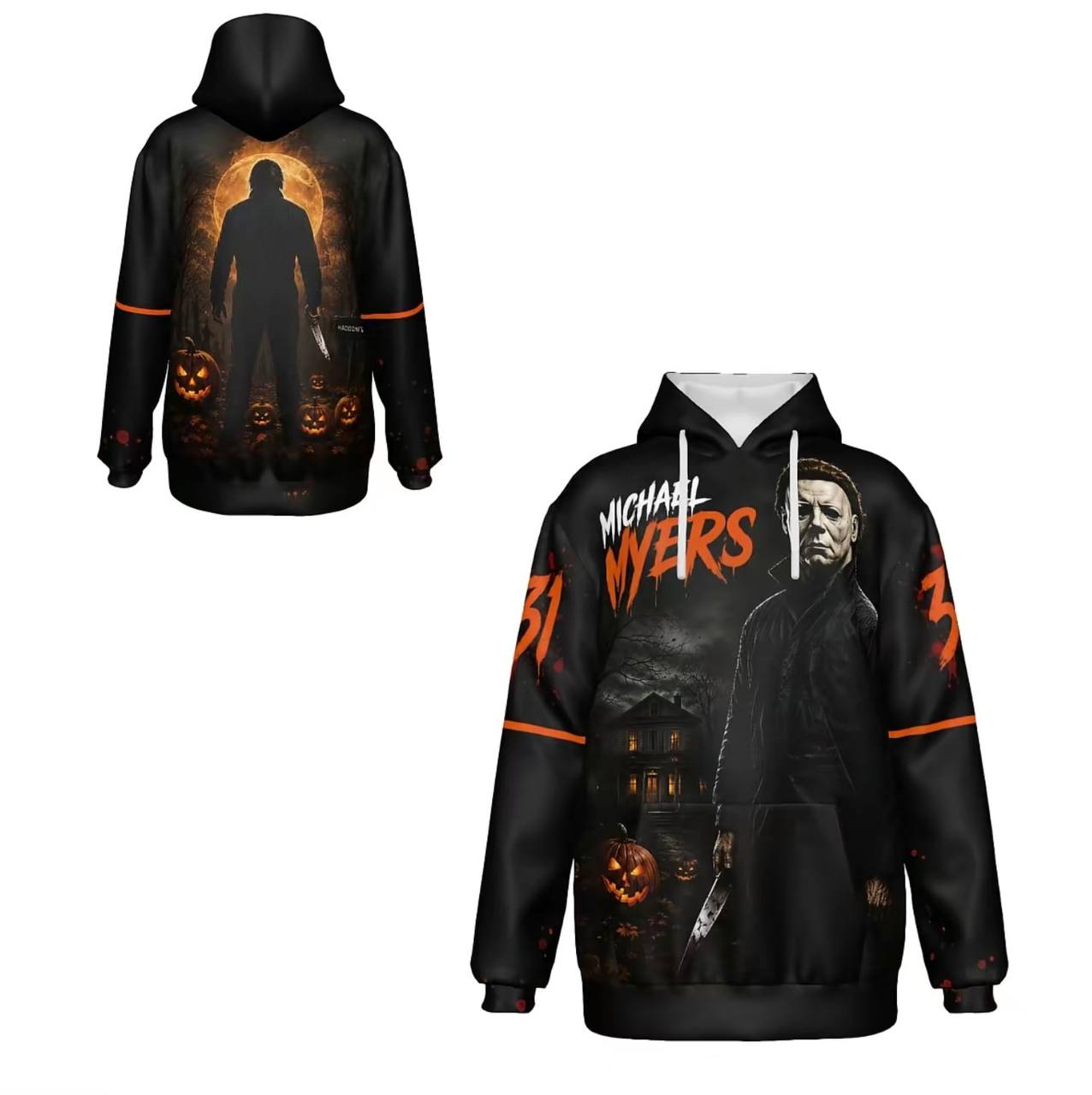 Halloween Horror Classic Villains Pullover Hoodie With Front Kangaroo Pocket, 3D Full Print Casual Sweatshirt, Spooky Movie Graphic Street Hoodie For Men & Women