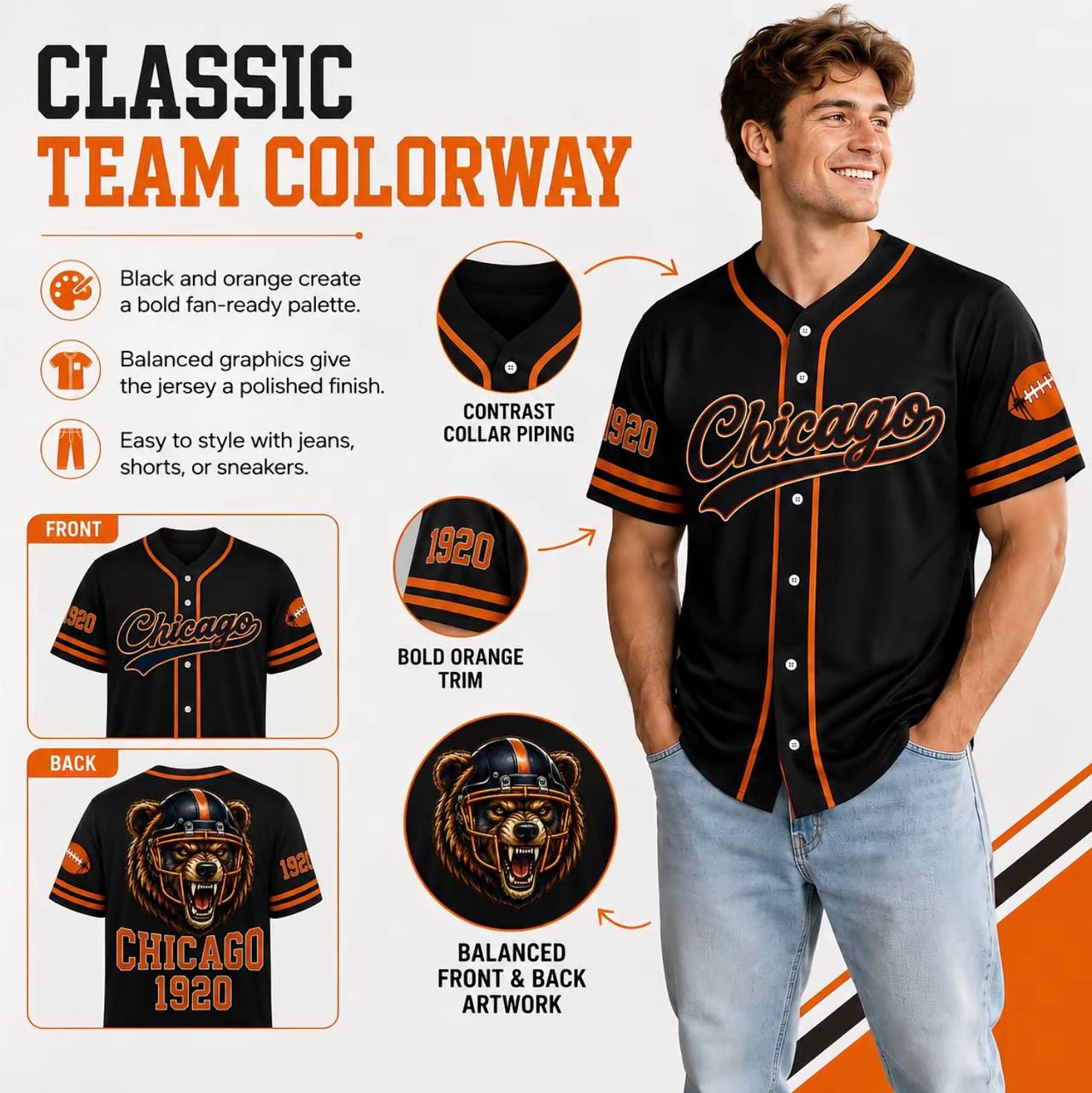 Unisex Regular Fit Button Front Football Team Baseball Jersey
