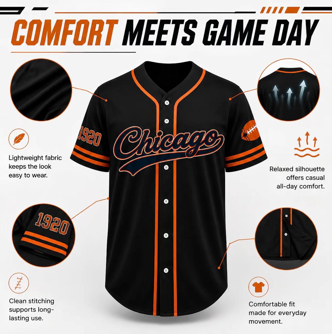 Unisex Regular Fit Button Front Football Team Baseball Jersey